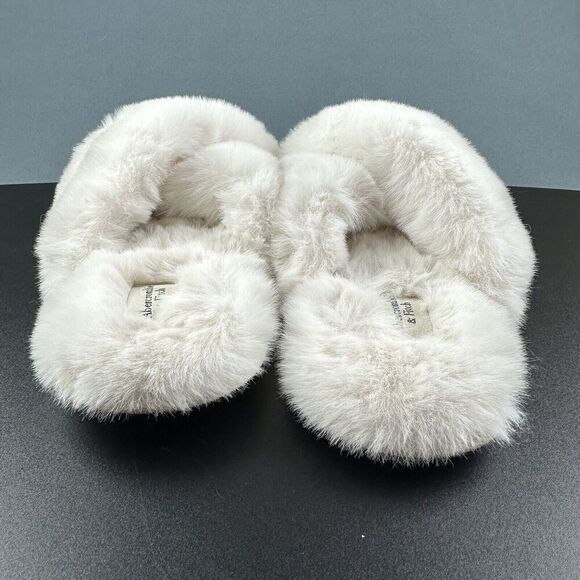Abercrombie Fitch Faux Fur Slippers Size M/L Criss Cross Slip On Open Toe Shoes* - Picture 6 of 13